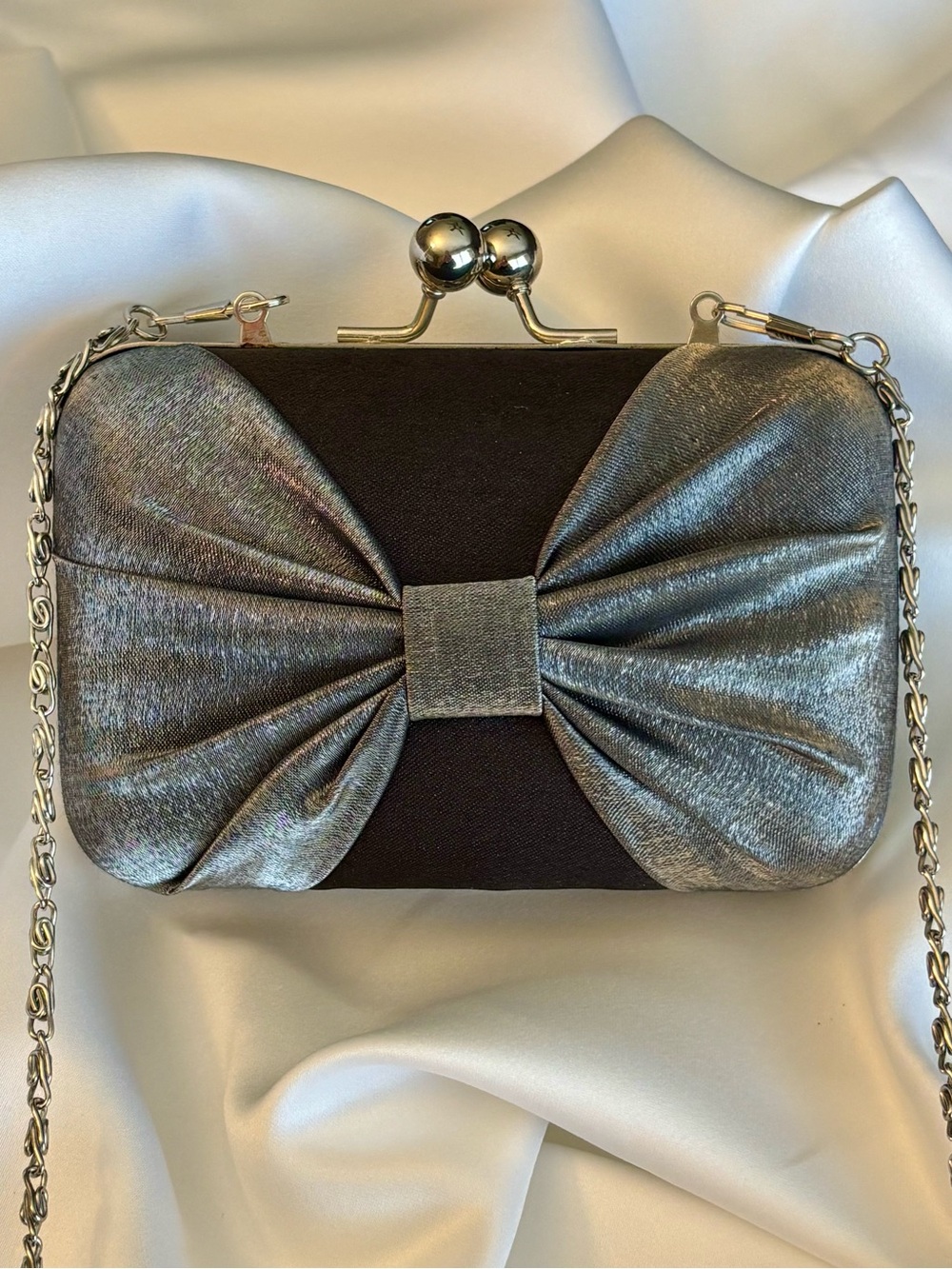 Bow Satin Clutch Silver Black Evening Bag Wedding Formal Purse